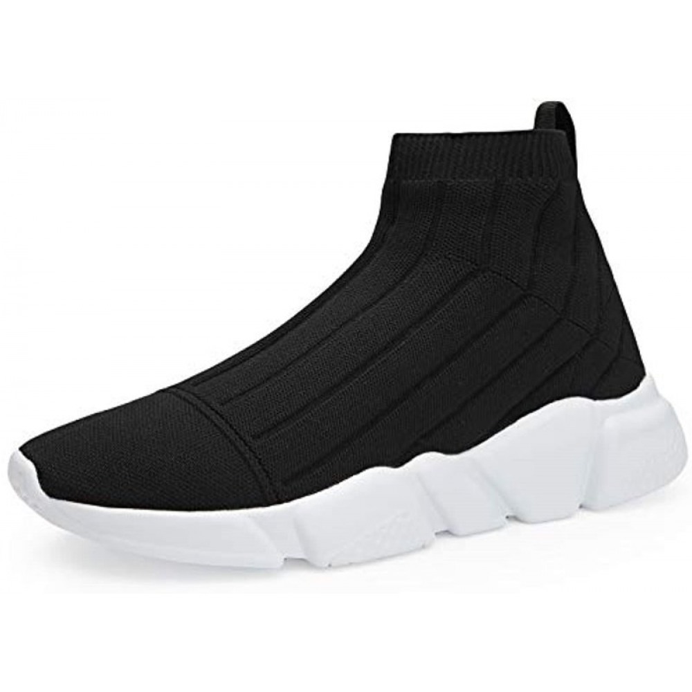 Men's Running Breathable Knit Slip On Sneakers Lightweight Athletic Casual Sports Shoes High Top Black